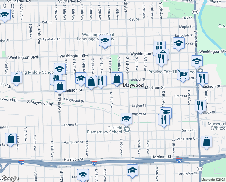 map of restaurants, bars, coffee shops, grocery stores, and more near 1018 Madison Street in Maywood