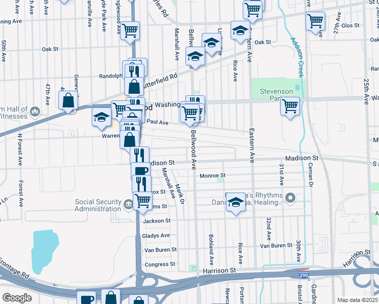 map of restaurants, bars, coffee shops, grocery stores, and more near 3710 Warren Avenue in Bellwood