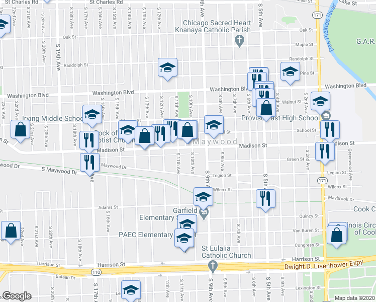 map of restaurants, bars, coffee shops, grocery stores, and more near 1018 Madison Street in Maywood