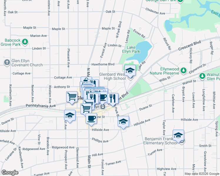 map of restaurants, bars, coffee shops, grocery stores, and more near 520 Deerpath Road in Glen Ellyn