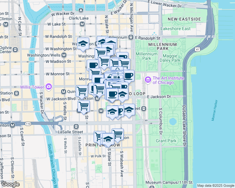 map of restaurants, bars, coffee shops, grocery stores, and more near 14 East Jackson Boulevard in Chicago