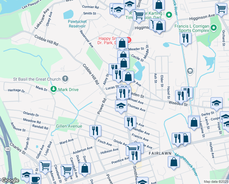 map of restaurants, bars, coffee shops, grocery stores, and more near 813 Weeden Street in Pawtucket