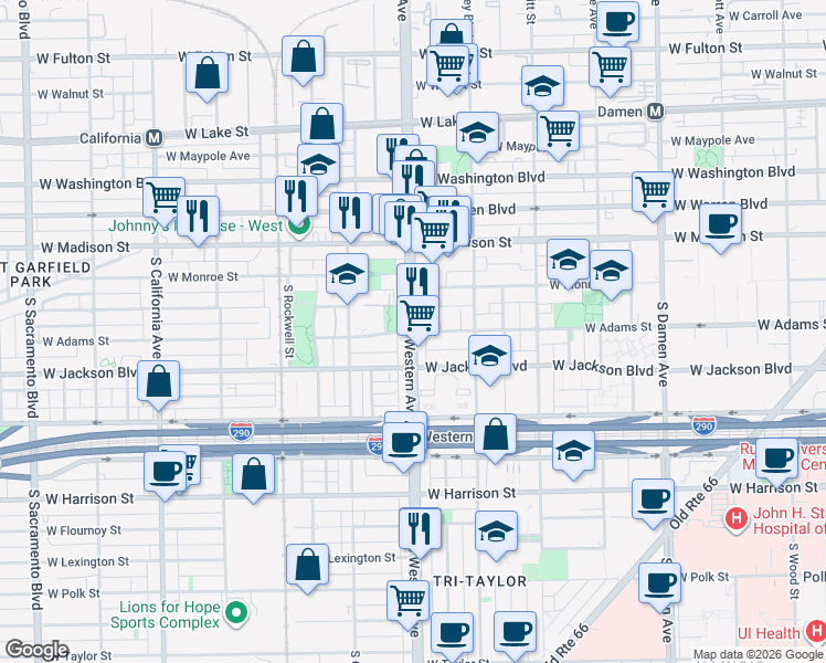 map of restaurants, bars, coffee shops, grocery stores, and more near S Western Ave & W Adams St in Chicago