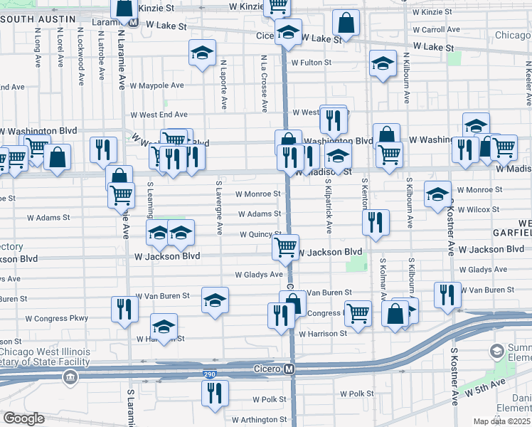 map of restaurants, bars, coffee shops, grocery stores, and more near 4834 West Adams Street in Chicago