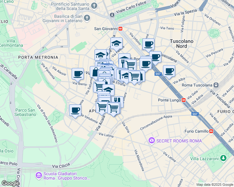 map of restaurants, bars, coffee shops, grocery stores, and more near 15 Via Dacia in Roma