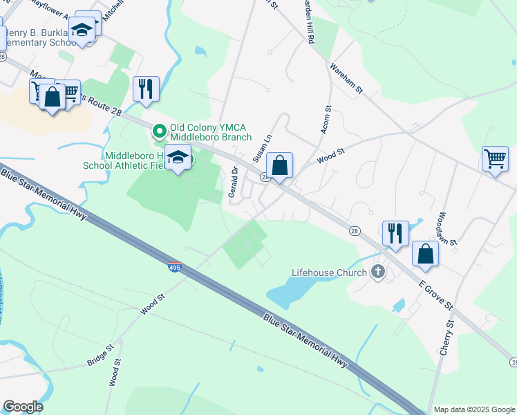 map of restaurants, bars, coffee shops, grocery stores, and more near 140 Wood Street in Middleborough