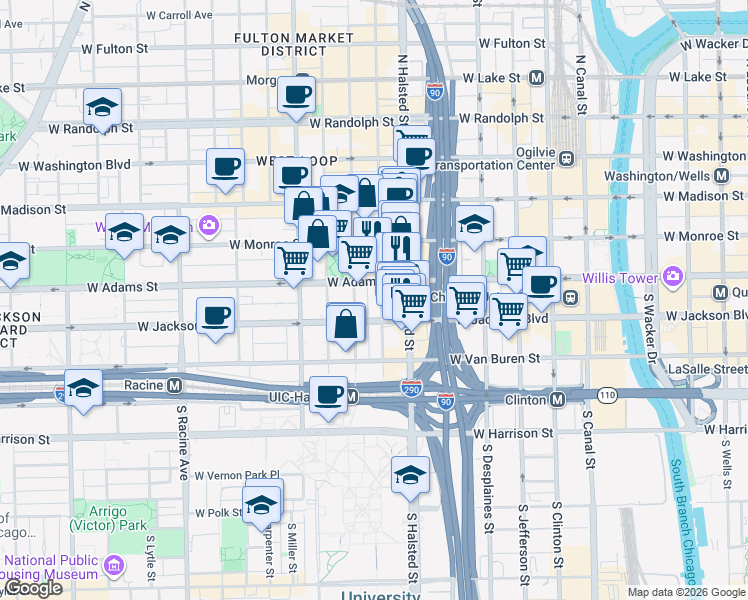 map of restaurants, bars, coffee shops, grocery stores, and more near 221 South Peoria Street in Chicago