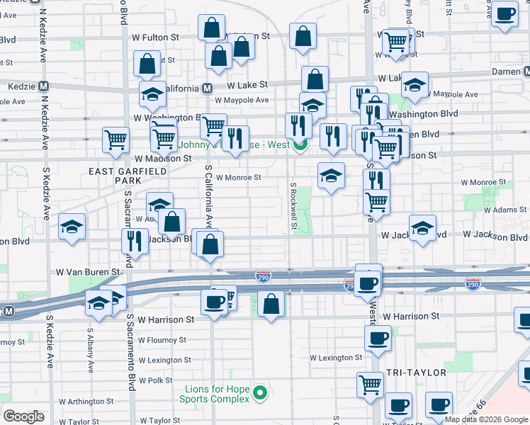 map of restaurants, bars, coffee shops, grocery stores, and more near 2640 West Adams Street in Chicago