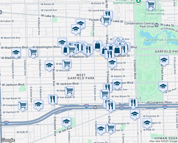 map of restaurants, bars, coffee shops, grocery stores, and more near 4123 West Wilcox Street in Chicago