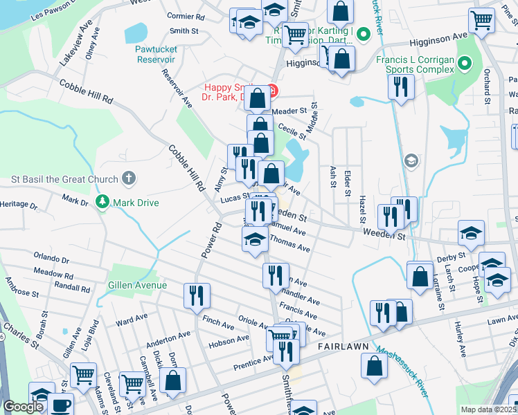 map of restaurants, bars, coffee shops, grocery stores, and more near Smithfield Ave & Weeden St in Pawtucket