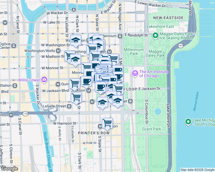 map of restaurants, bars, coffee shops, grocery stores, and more near 14 East Jackson Boulevard in Chicago