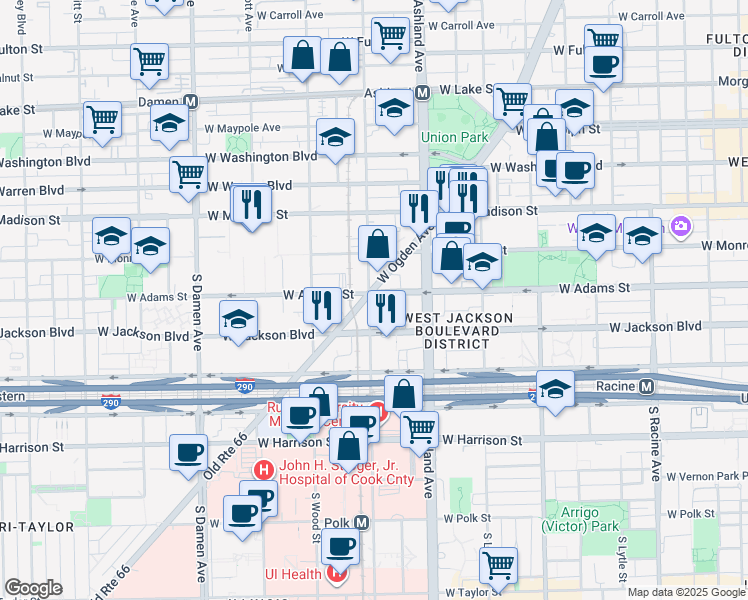 map of restaurants, bars, coffee shops, grocery stores, and more near 1657 West Adams Street in Chicago