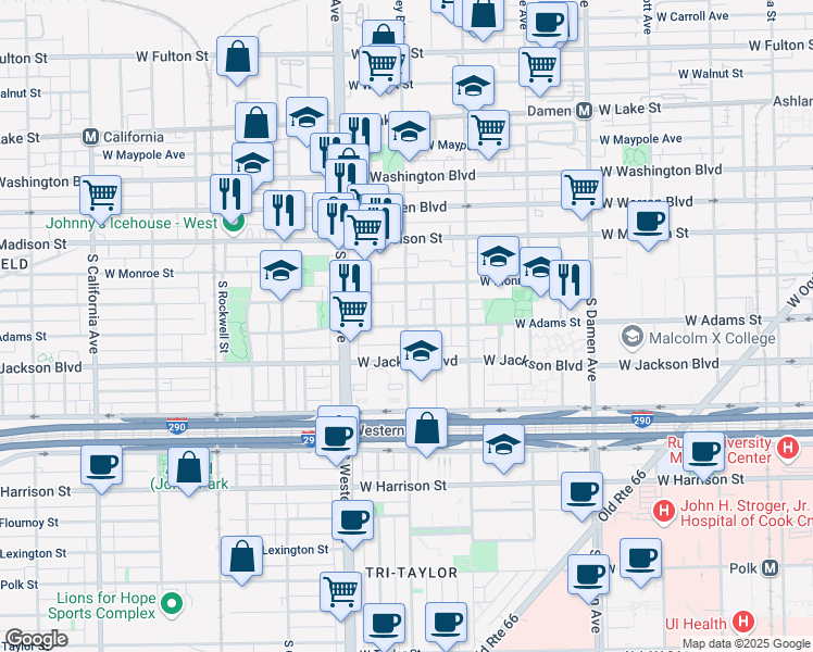 map of restaurants, bars, coffee shops, grocery stores, and more near W Adams St & S Oakley Blvd in Chicago