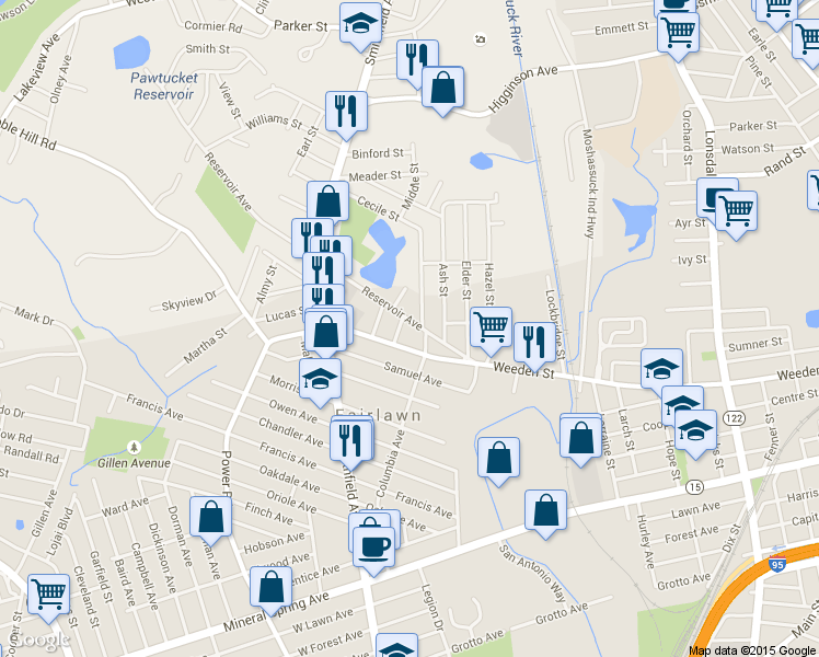 map of restaurants, bars, coffee shops, grocery stores, and more near 70 Reservoir Avenue in Pawtucket