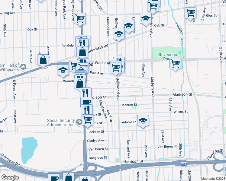 map of restaurants, bars, coffee shops, grocery stores, and more near 3710 Warren Avenue in Bellwood