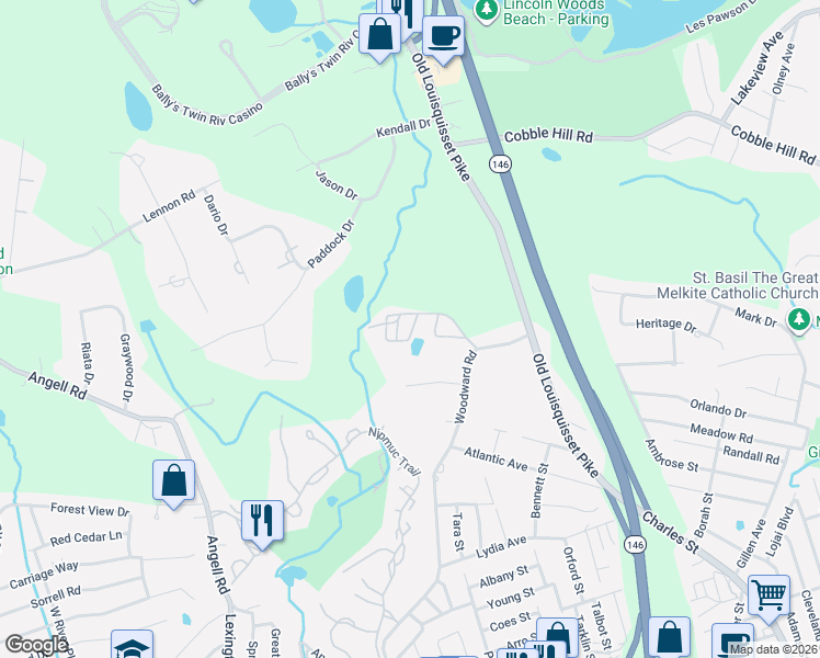 map of restaurants, bars, coffee shops, grocery stores, and more near 100 Woodward Road in Providence