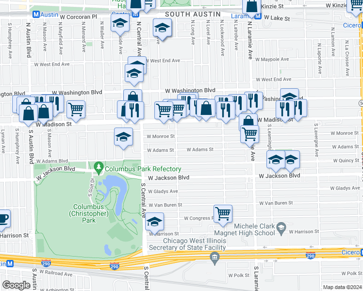 map of restaurants, bars, coffee shops, grocery stores, and more near 5444 West Adams Street in Chicago