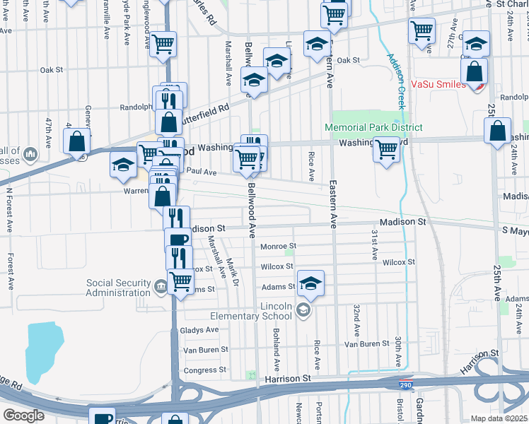 map of restaurants, bars, coffee shops, grocery stores, and more near 3606 Warren Avenue in Bellwood