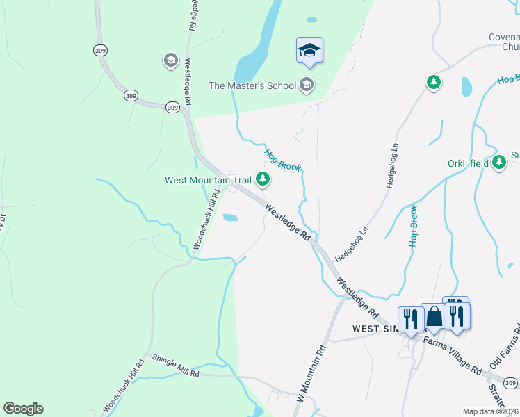 map of restaurants, bars, coffee shops, grocery stores, and more near 57 Westledge Road in Simsbury
