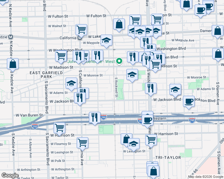 map of restaurants, bars, coffee shops, grocery stores, and more near 2606 West Adams Street in Chicago