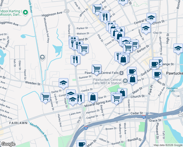 map of restaurants, bars, coffee shops, grocery stores, and more near 30 Beecher Street in Pawtucket