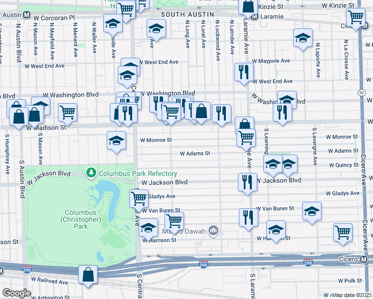 map of restaurants, bars, coffee shops, grocery stores, and more near 5418 West Adams Street in Chicago