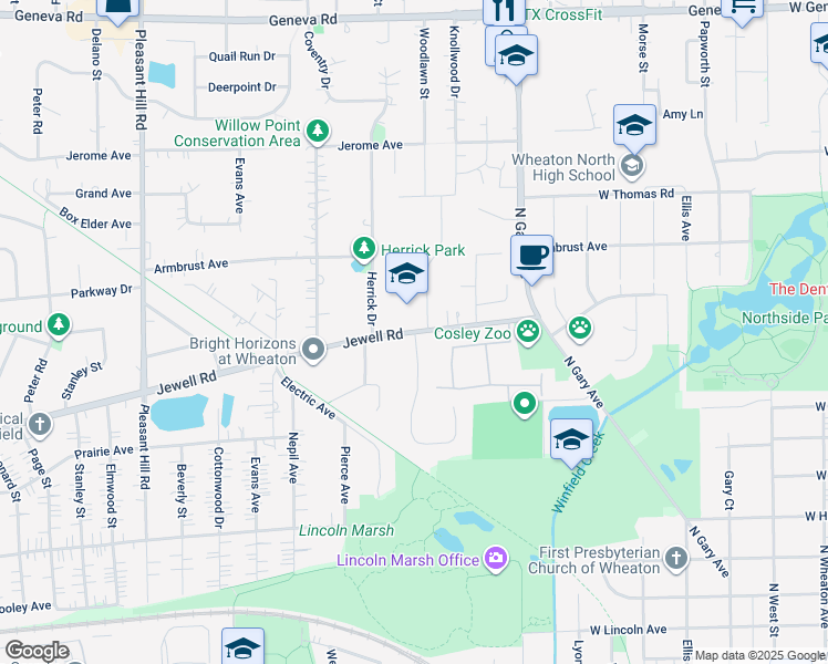 map of restaurants, bars, coffee shops, grocery stores, and more near 1335 Jewell Road in Wheaton