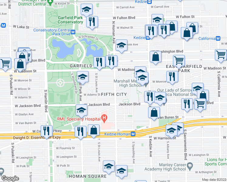 map of restaurants, bars, coffee shops, grocery stores, and more near 3402 West Adams Street in Chicago