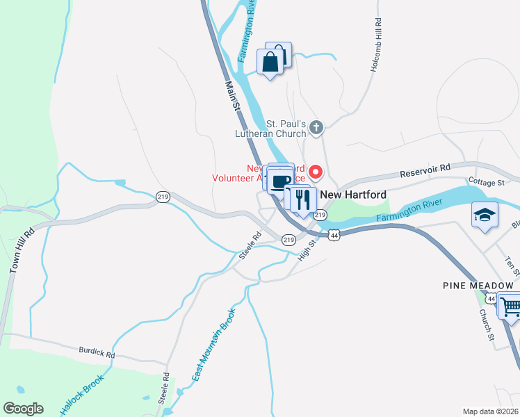 map of restaurants, bars, coffee shops, grocery stores, and more near Church St No 1 in New Hartford