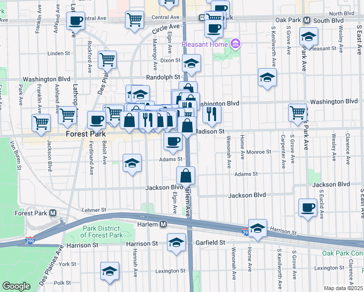 map of restaurants, bars, coffee shops, grocery stores, and more near 432 Elgin Avenue in Forest Park