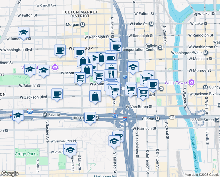 map of restaurants, bars, coffee shops, grocery stores, and more near 213 South Green Street in Chicago