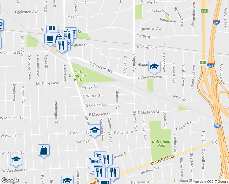map of restaurants, bars, coffee shops, grocery stores, and more near 249 East Wilson Street in Elmhurst