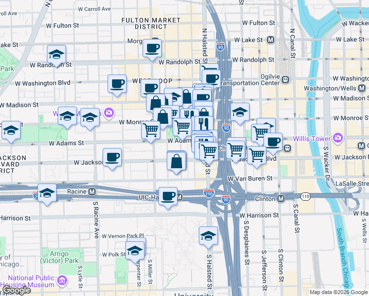 map of restaurants, bars, coffee shops, grocery stores, and more near 205 South Peoria Street in Chicago