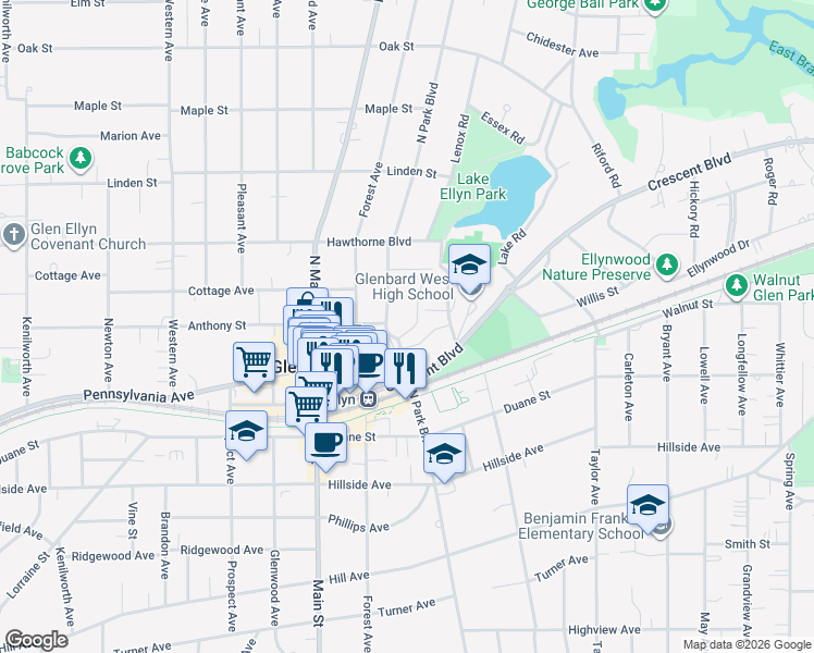 map of restaurants, bars, coffee shops, grocery stores, and more near 520 Deerpath Road in Glen Ellyn
