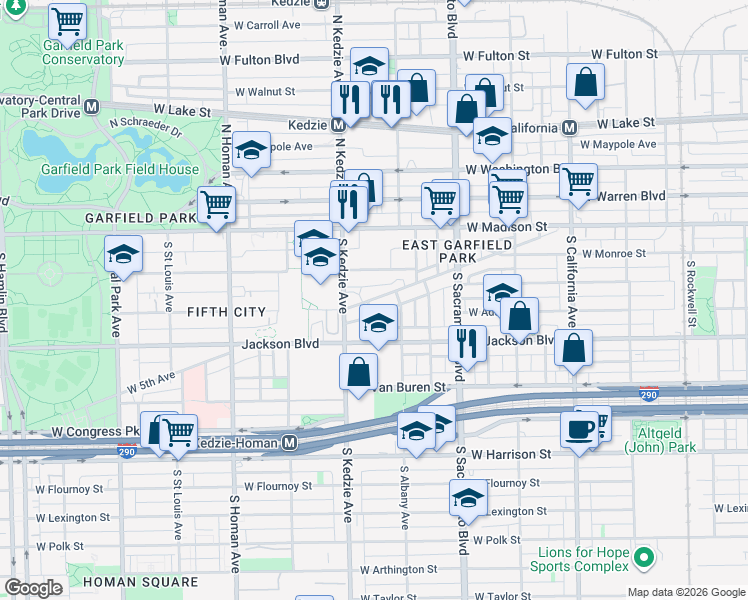 map of restaurants, bars, coffee shops, grocery stores, and more near 3125 West 5th Avenue in Chicago