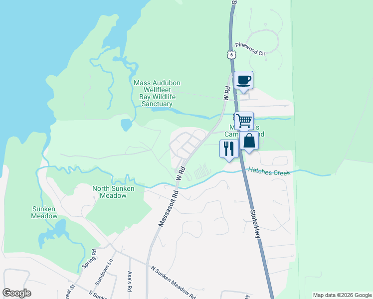 map of restaurants, bars, coffee shops, grocery stores, and more near c28 Deer Path Way in Wellfleet
