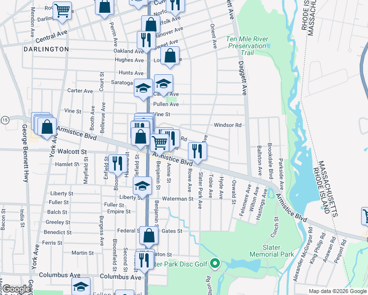 map of restaurants, bars, coffee shops, grocery stores, and more near 90 Whittier Road in Pawtucket