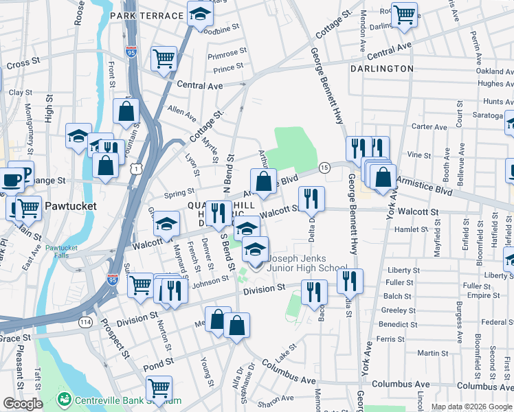 map of restaurants, bars, coffee shops, grocery stores, and more near 262 Walcott Street in Pawtucket