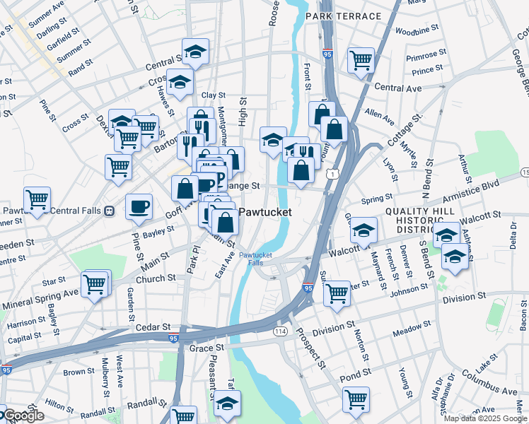 map of restaurants, bars, coffee shops, grocery stores, and more near in Pawtucket
