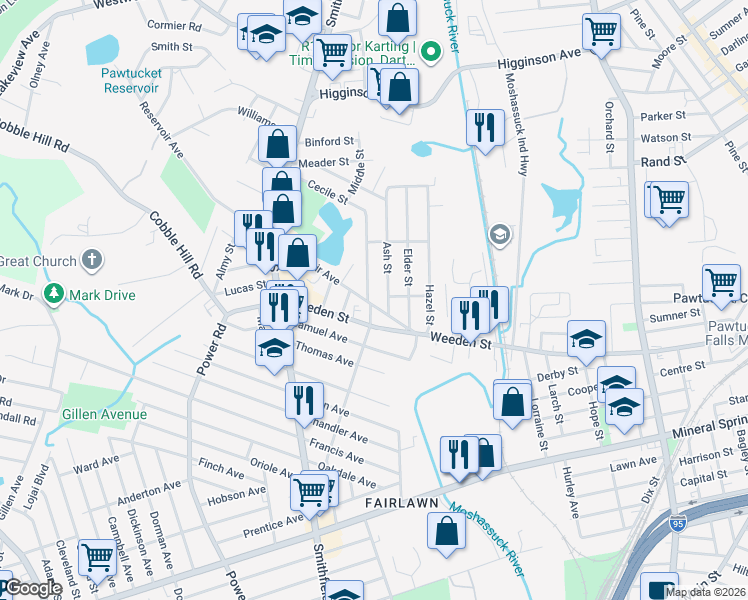 map of restaurants, bars, coffee shops, grocery stores, and more near 70 Reservoir Avenue in Pawtucket