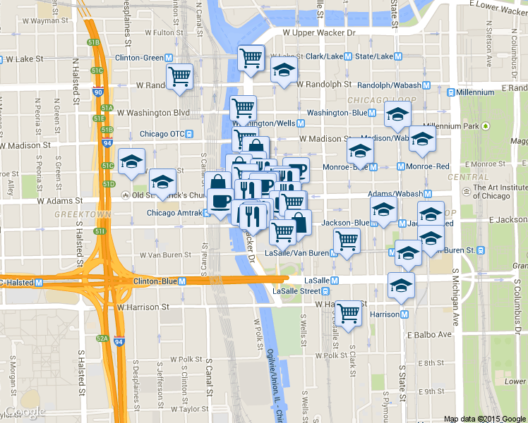 map of restaurants, bars, coffee shops, grocery stores, and more near 233 South Wacker Drive in Chicago
