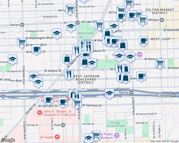 map of restaurants, bars, coffee shops, grocery stores, and more near 200 South Laflin Street in Chicago