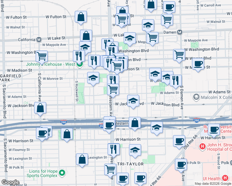 map of restaurants, bars, coffee shops, grocery stores, and more near 2339 West Adams Street in Chicago