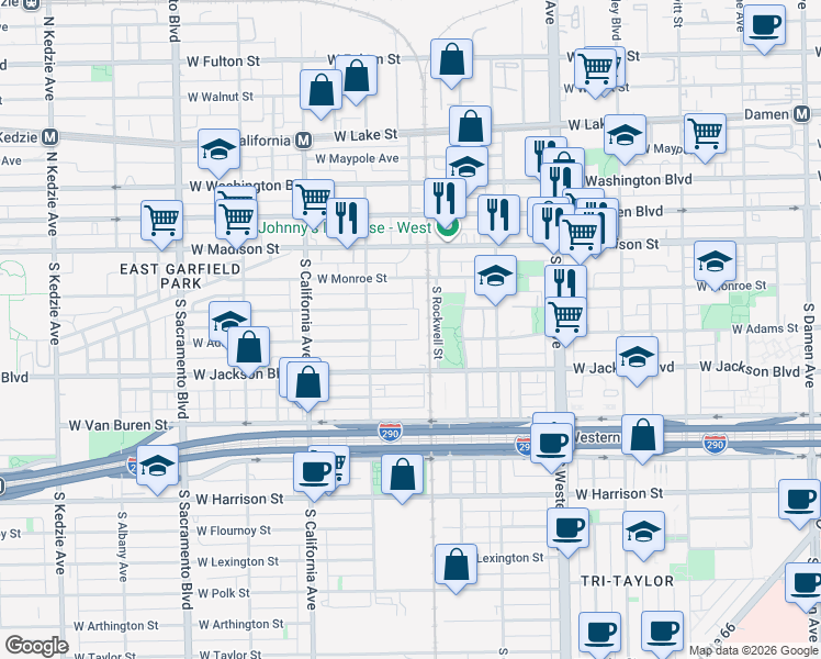 map of restaurants, bars, coffee shops, grocery stores, and more near 2606 West Adams Street in Chicago