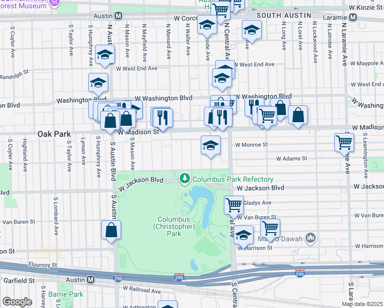 map of restaurants, bars, coffee shops, grocery stores, and more near 123 South Waller Avenue in Chicago