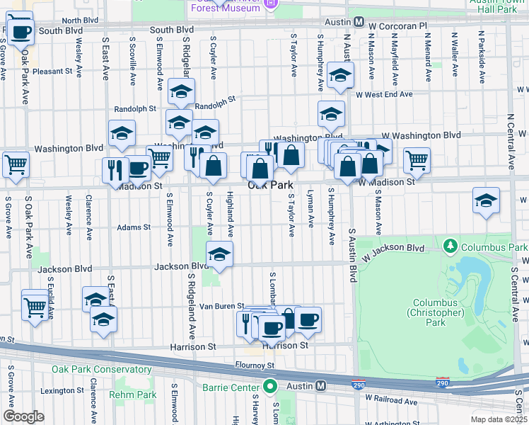 map of restaurants, bars, coffee shops, grocery stores, and more near 541 South Lombard Avenue in Oak Park