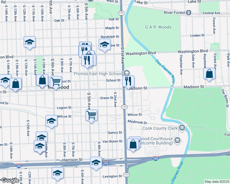 map of restaurants, bars, coffee shops, grocery stores, and more near 1010 South 2nd Avenue in Maywood