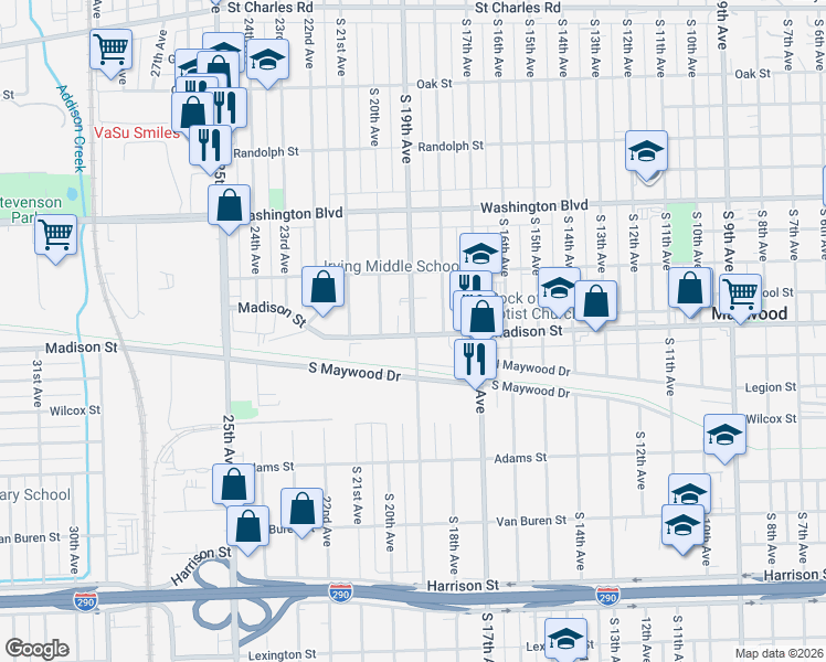 map of restaurants, bars, coffee shops, grocery stores, and more near 1900 Madison Street in Maywood