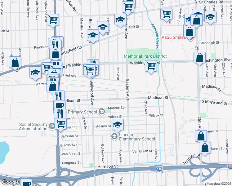 map of restaurants, bars, coffee shops, grocery stores, and more near 736 Eastern Avenue in Bellwood