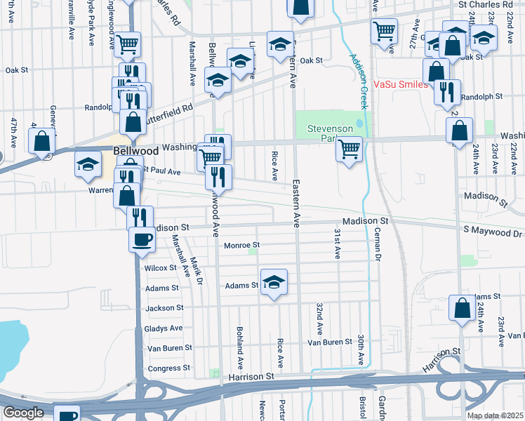 map of restaurants, bars, coffee shops, grocery stores, and more near 3500 Warren Avenue in Bellwood